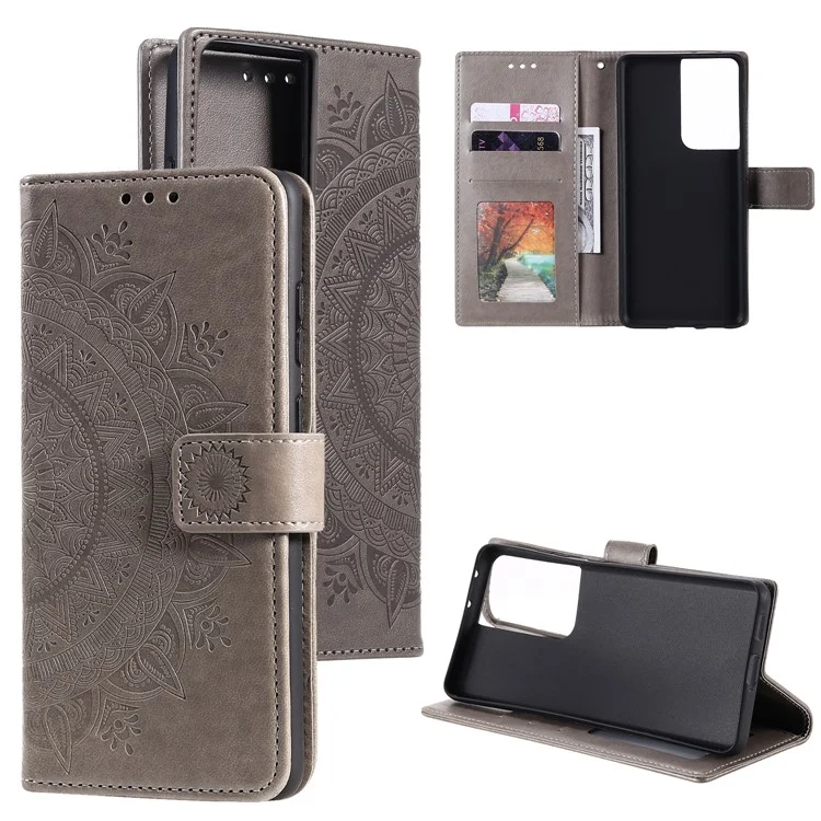 Imprinted Mandala Flower Wallet Leather Case for Samsung Galaxy S21 Ultra 5G Flip Cover - Grey