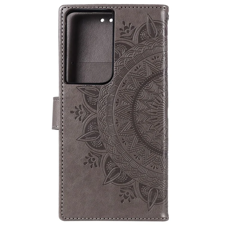 Caixa de Couro da Carteira de Flor Mandala Impressa Para a Capa de Flip Samsung Galaxy S21 Ultra 5G - Cinza