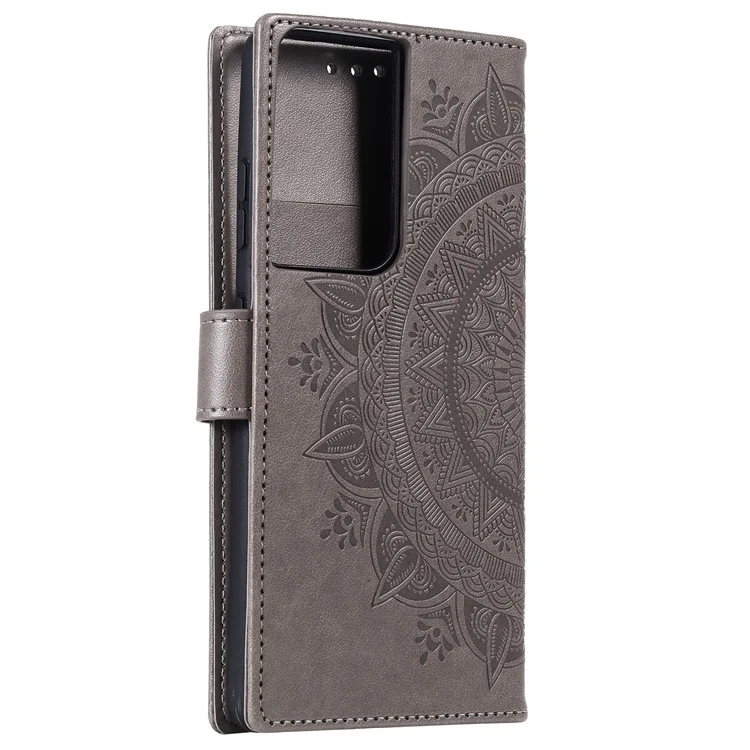 Imprinted Mandala Flower Wallet Leather Case for Samsung Galaxy S21 Ultra 5G Flip Cover - Grey