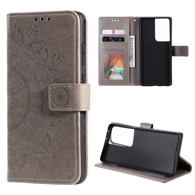 Imprinted Mandala Flower Wallet Leather Case for Samsung Galaxy S21 Ultra 5G Flip Cover - Grey