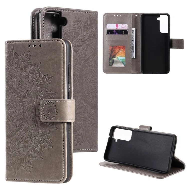 Geprägte Mandala-Blumen-Lederhülle für Samsung Galaxy S21 4G/5G, Ständer-Flip-Cover - Grau