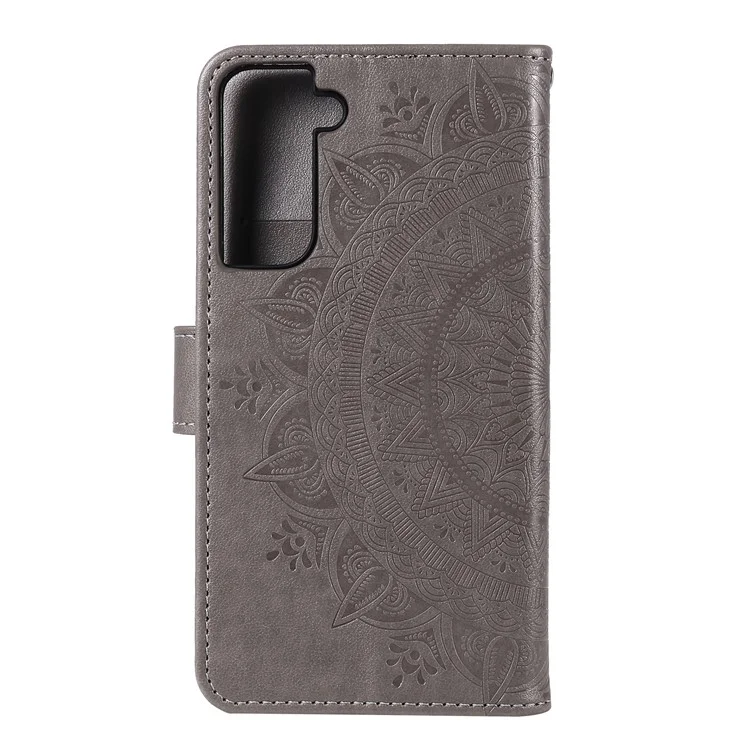 Geprägte Mandala-Blumen-Lederhülle für Samsung Galaxy S21 4G/5G, Ständer-Flip-Cover - Grau