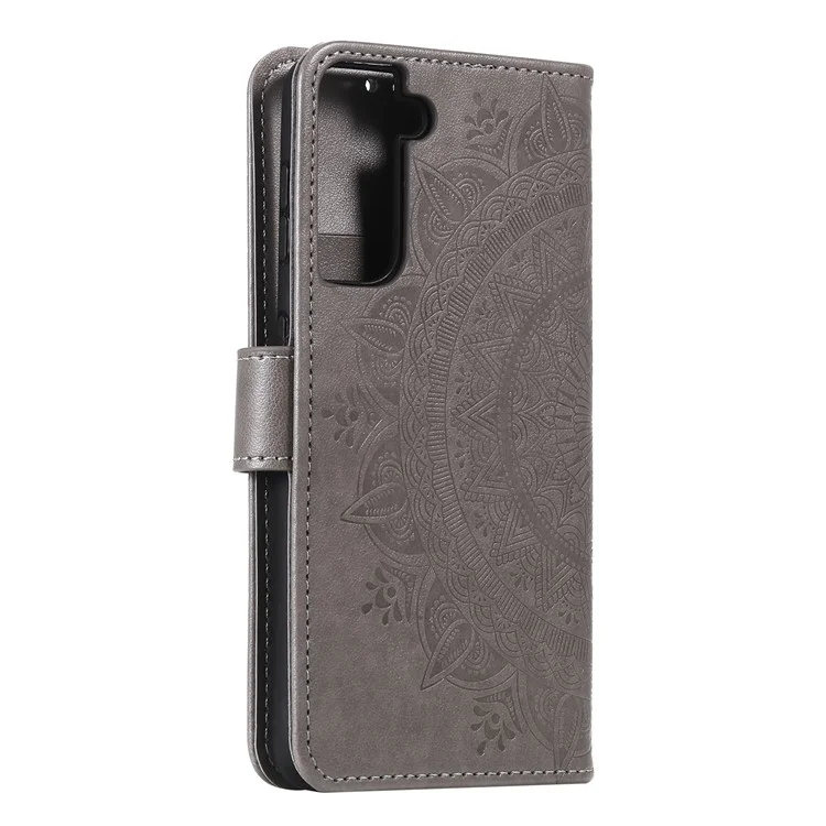 Geprägte Mandala-Blumen-Lederhülle für Samsung Galaxy S21 4G/5G, Ständer-Flip-Cover - Grau