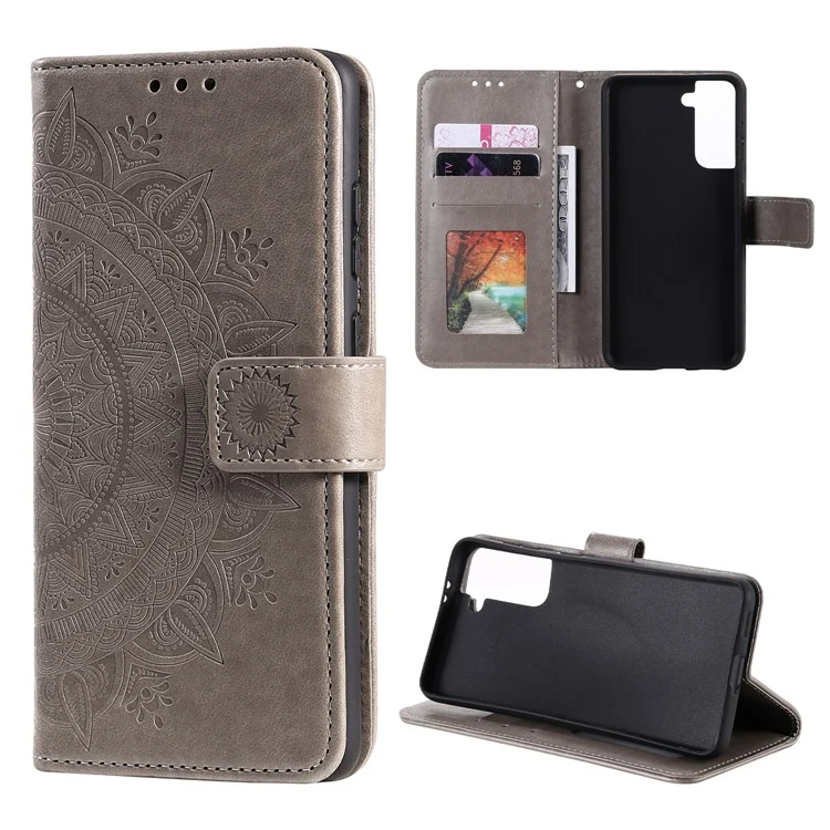Geprägte Mandala-Blumen-Lederhülle für Samsung Galaxy S21 4G/5G, Ständer-Flip-Cover - Grau