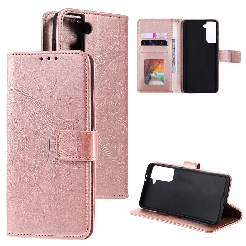 Imprinted Mandala Flower Wallet Leather Case for Samsung Galaxy S21 4G/5G Stand Flip Cover - Rose Gold