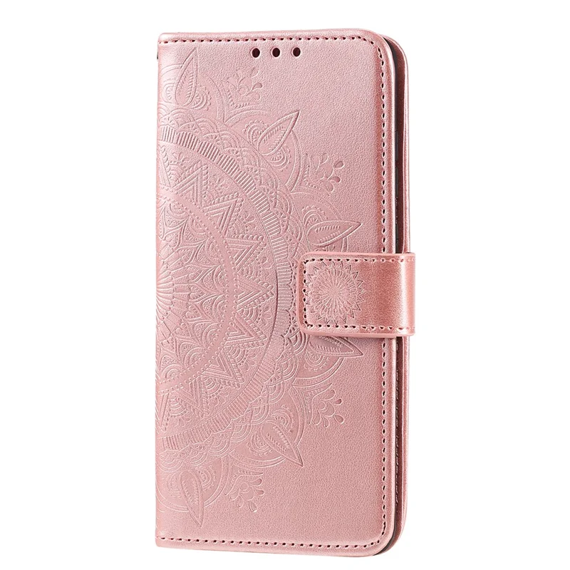 Imprinted Mandala Flower Wallet Leather Case for Samsung Galaxy S21 4G/5G Stand Flip Cover - Rose Gold