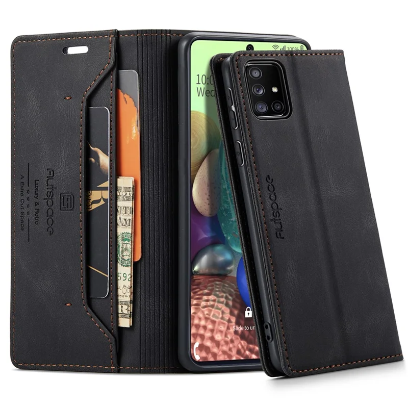AUTSPACE A01 Series RFID Blocking Retro Matte Leather Stand Case Wallet for Samsung Galaxy A71 SM-A715 - Black