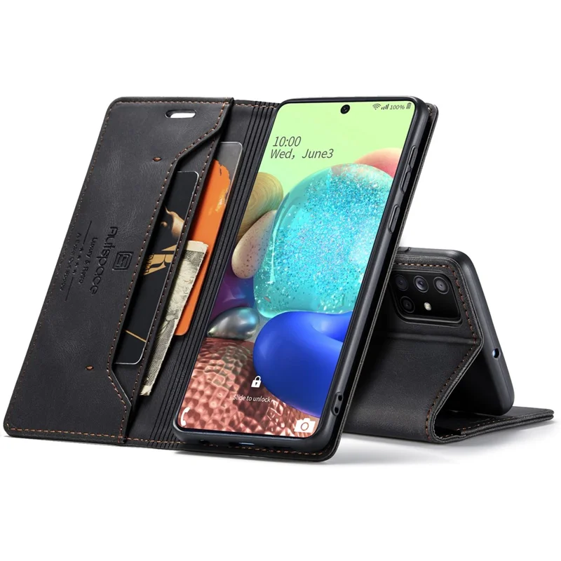AUTSPACE A01 Series RFID Blocking Retro Matte Leather Stand Case Wallet for Samsung Galaxy A71 SM-A715 - Black
