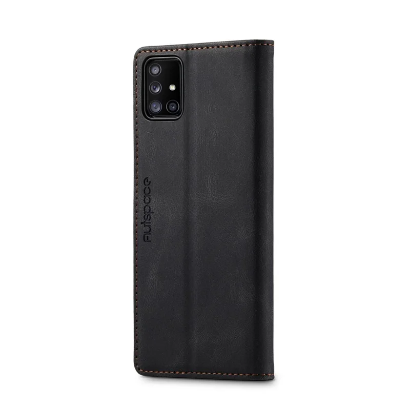 AUTSPACE A01 Series RFID Blocking Retro Matte Leather Stand Case Wallet for Samsung Galaxy A71 SM-A715 - Black
