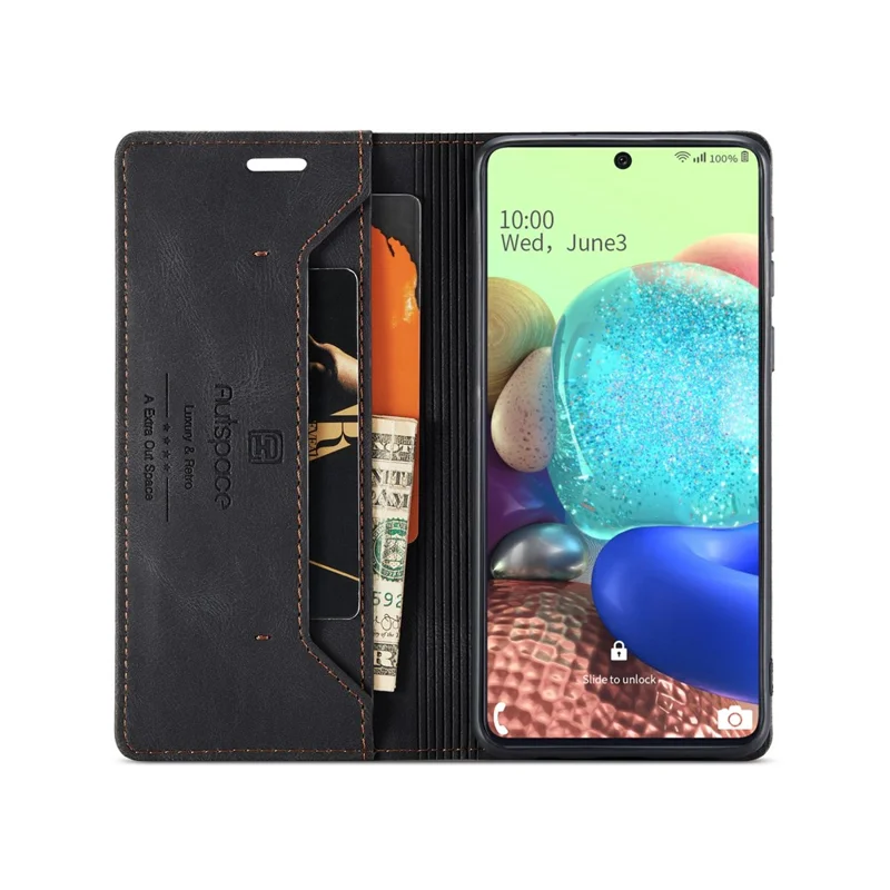 AUTSPACE A01 Series RFID Blocking Retro Matte Leather Stand Case Wallet for Samsung Galaxy A71 SM-A715 - Black