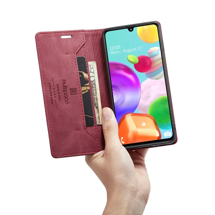 AUTSPACE A01 Series RFID Blocking Retro Matte Leather Case Wallet für Samsung Galaxy A41 (Global Version) - Rot