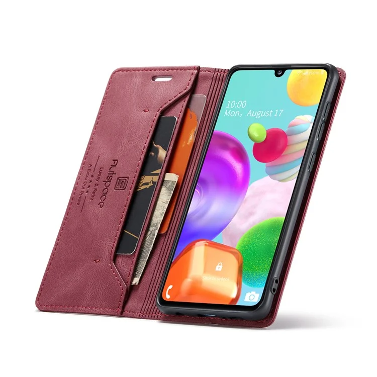 AUTSPACE A01 Series RFID Blocking Retro Matte Leather Case Wallet für Samsung Galaxy A41 (Global Version) - Rot
