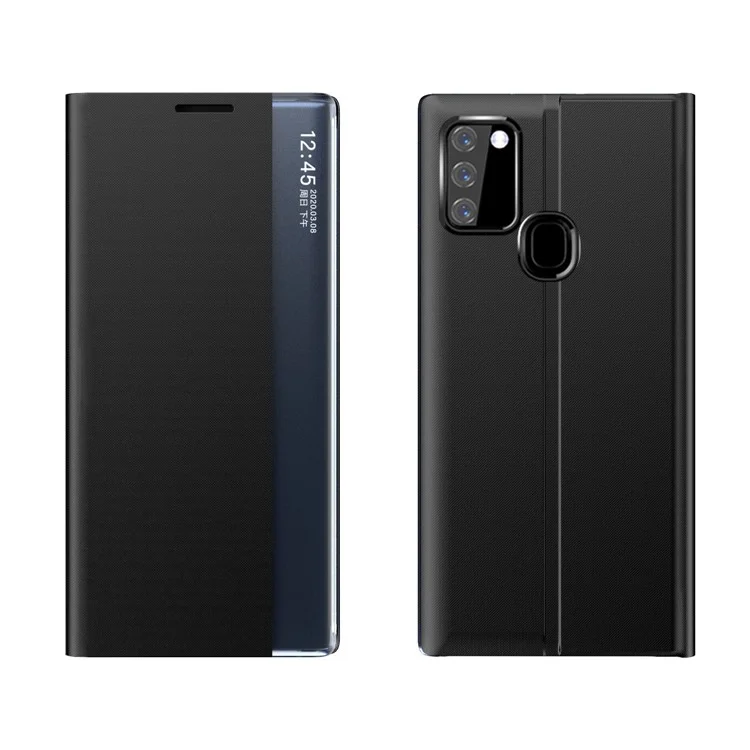 For Samsung Galaxy A21s View Window Stand Cover PU Leather Phone Case - Black