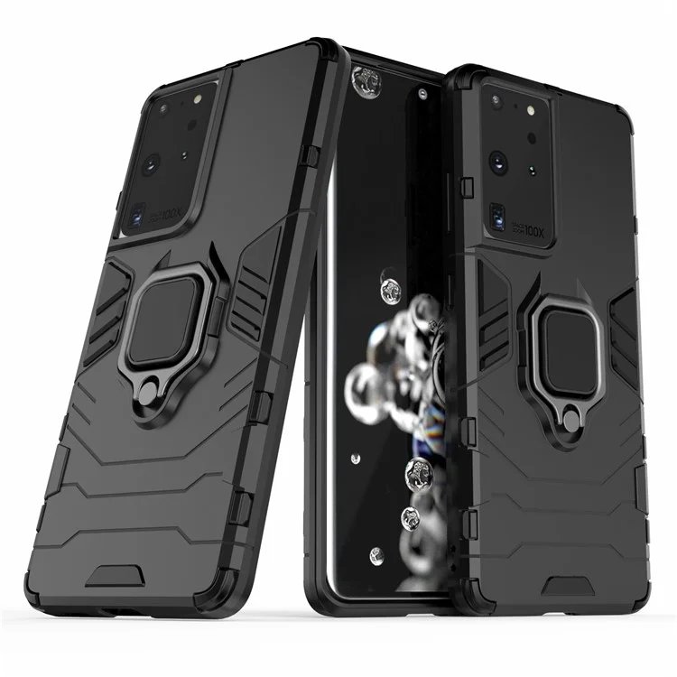 PC TPU Hybrid -hülle Für Samsung Galaxy S21 Ultra 5G Cool Guard Ringhalter Kickstand Shell - Schwarz