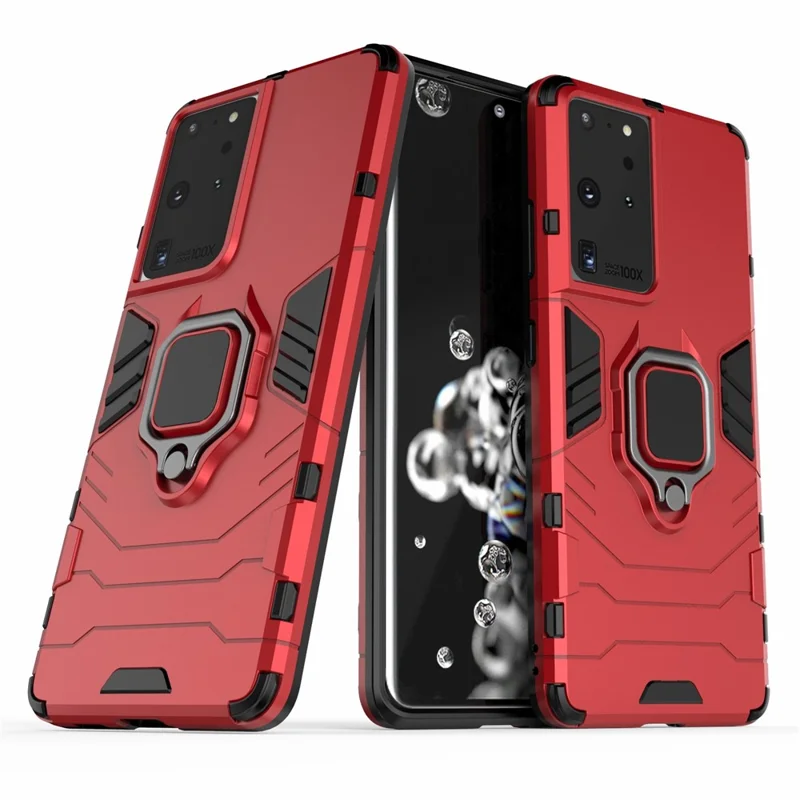 PC TPU Hybrid Case for Samsung Galaxy S21 Ultra 5G Cool Guard Ring Holder Kickstand Shell - Red