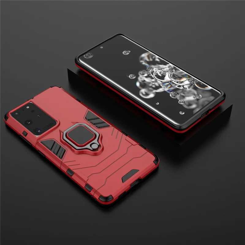 PC TPU Hybrid Case for Samsung Galaxy S21 Ultra 5G Cool Guard Ring Holder Kickstand Shell - Red