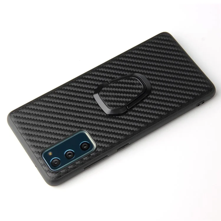 Para Samsung Galaxy S20 FE 4G/5G/S20 Lite/S20 FE 2022 Capa de telefone revestida em couro PU + suporte de apoio em forma de anel - Textura de fibra de carbono