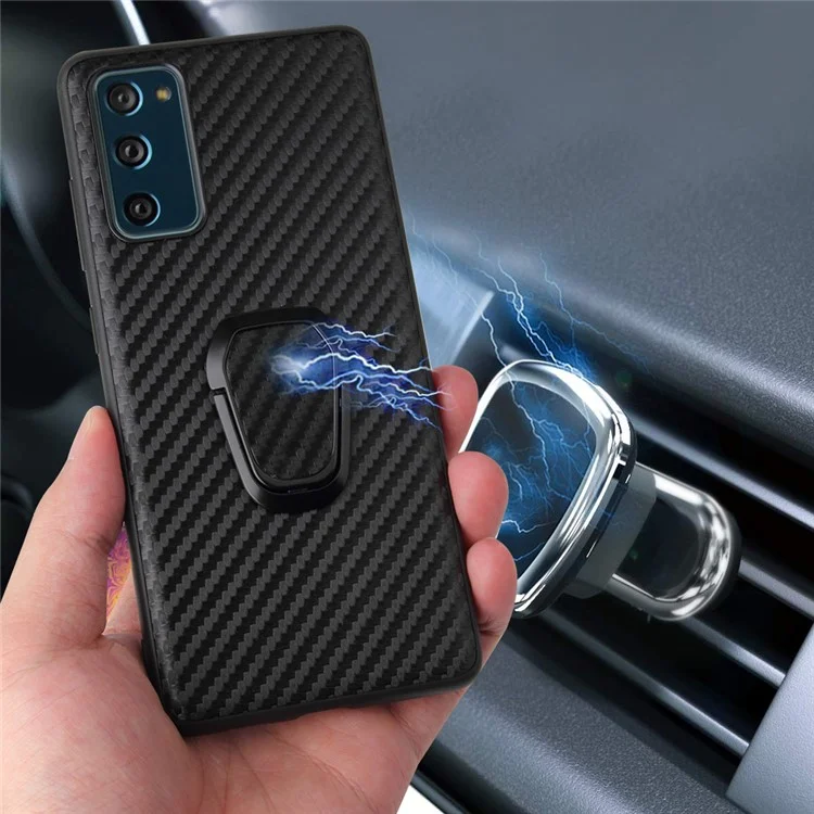 Para Samsung Galaxy S20 FE 4G/5G/S20 Lite/S20 FE 2022 Capa de telefone revestida em couro PU + suporte de apoio em forma de anel - Textura de fibra de carbono