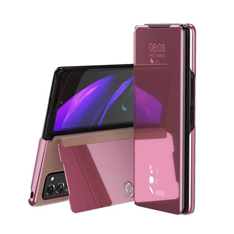 Multiple Colors Plated Mirror Surface for Samsung Galaxy Z Fold2 5G Stand Cover View Window Leather Case - Rose Gold