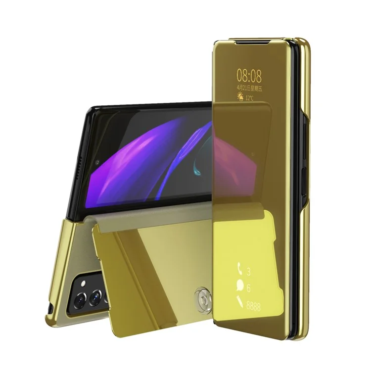 Múltiplas Cores Plated Espelho Superfície Para Samsung Galaxy Z Fold2 5G Stand Cover Capa De Couro - Ouro