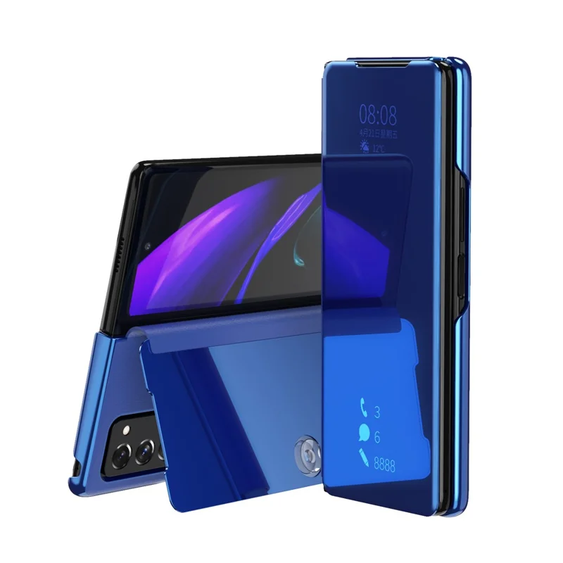 Mehrfarbig beschichtete Spiegeloberfläche für Samsung Galaxy Z Fold2 5G Ständer Cover Fensteraussicht Lederetui - Blau