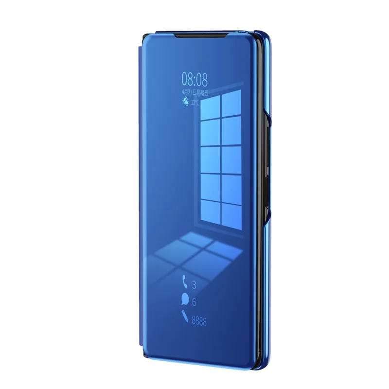 Mehrfarbig beschichtete Spiegeloberfläche für Samsung Galaxy Z Fold2 5G Ständer Cover Fensteraussicht Lederetui - Blau