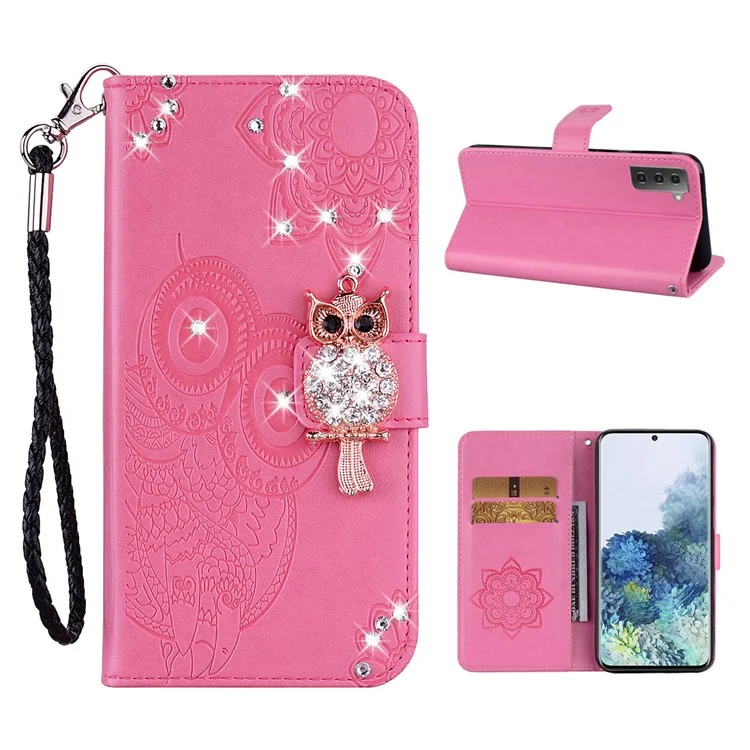 Case de Teléfonos de Cuero Decoración de Diamantes de Impronta de Búho Para Samsung Galaxy S21+ 5G - Rosado