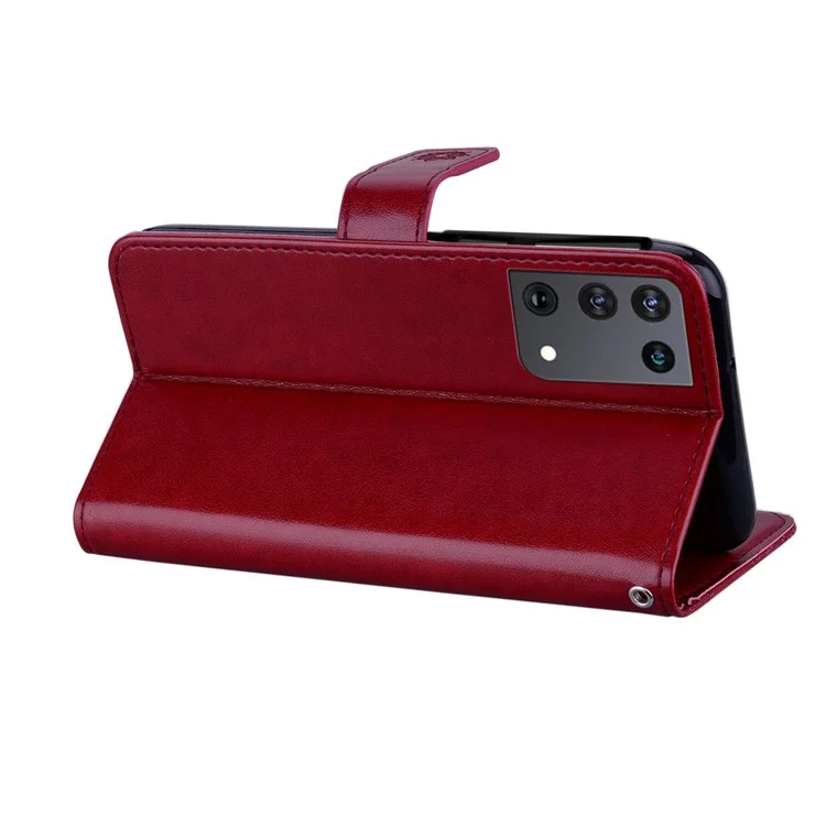 Owl Imprint Rhinestone Decor Leather Phone Case for Samsung Galaxy S21 Ultra 5G - Red