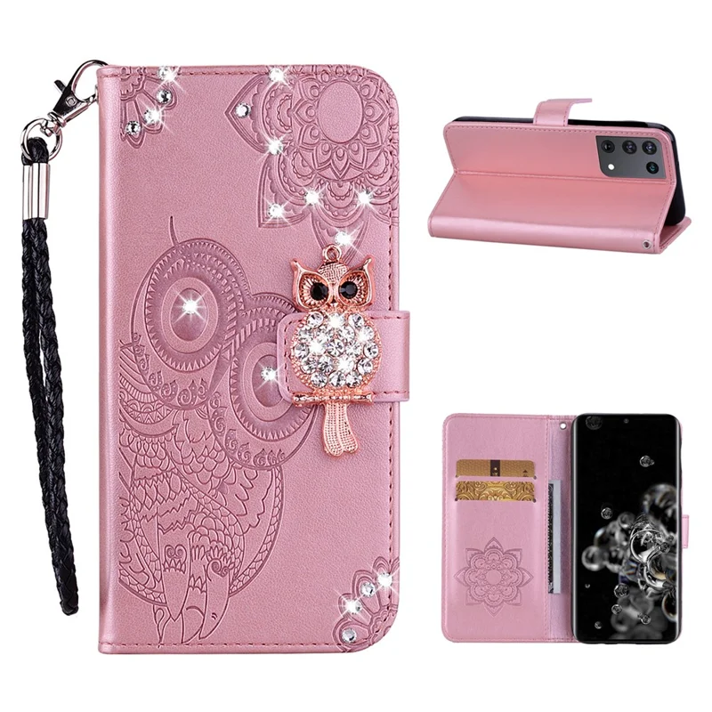 Owl Imprint Rhinestone Decor Leather Phone Case for Samsung Galaxy S21 Ultra 5G - Rose Gold