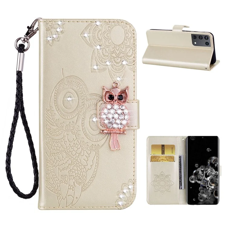 Owl Imprint Rhinestone Decor Leather Phone Case for Samsung Galaxy S21 Ultra 5G - Gold