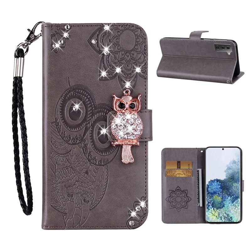 Owl Imprint Rhinestone Decor Leather Phone Case for Samsung Galaxy S21 4G/5G - Grey
