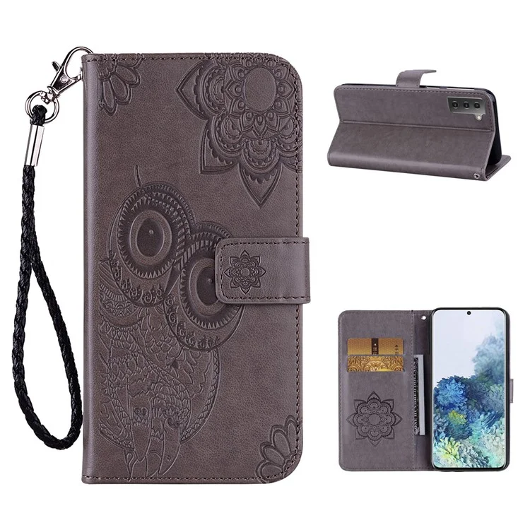 Imprint Flower Owl Pattern Stand Phone Leather Wallet Cover for Samsung Galaxy S21 4G/5G - Grey