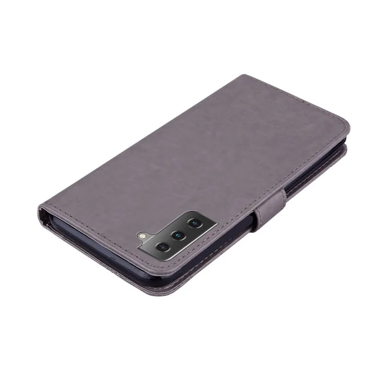 Imprint Flower Owl Pattern Stand Phone Leather Wallet Cover for Samsung Galaxy S21 4G/5G - Grey