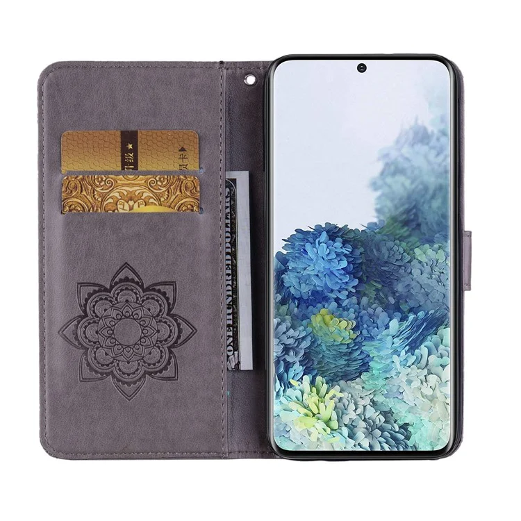 Imprint Flower Owl Pattern Stand Phone Leather Wallet Cover for Samsung Galaxy S21 4G/5G - Grey