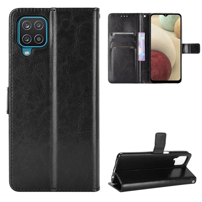 Crazy Horse Wallet Stand Leather Shell with Strap for Samsung Galaxy A12/M12 - Black