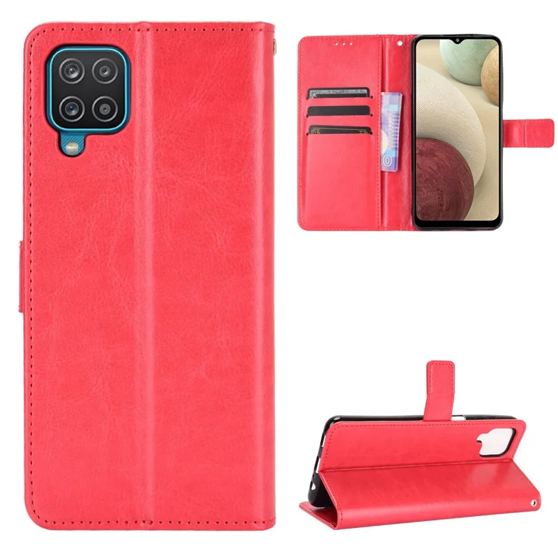 Crazy Horse Wallet Stand en Cuir Avec Sangle Pour Samsung Galaxy A12 / M12 - Rouge