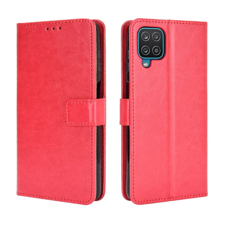 Crazy Horse Wallet Stand en Cuir Avec Sangle Pour Samsung Galaxy A12 / M12 - Rouge