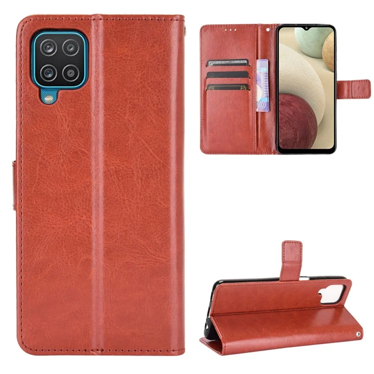 Crazy Horse Wallet Stand Shell с Ремешком Для Samsung Galaxy A12/M12 - Коричневый