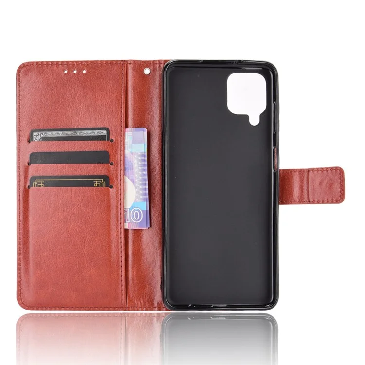 Crazy Horse Wallet Stand Shell с Ремешком Для Samsung Galaxy A12/M12 - Коричневый