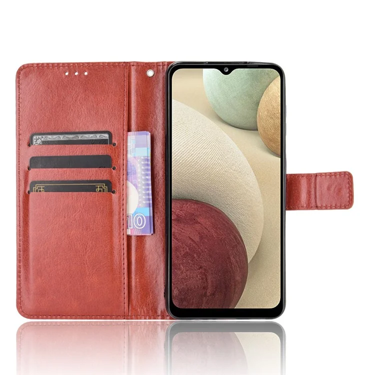 Crazy Horse Wallet Stand Shell с Ремешком Для Samsung Galaxy A12/M12 - Коричневый