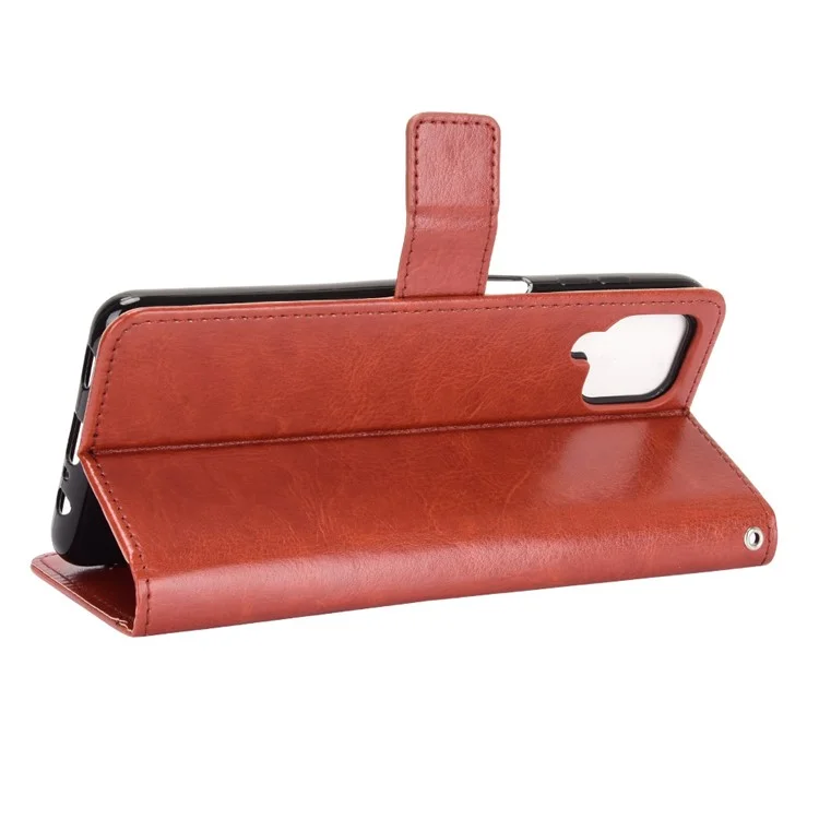 Crazy Horse Wallet Stand Shell с Ремешком Для Samsung Galaxy A12/M12 - Коричневый