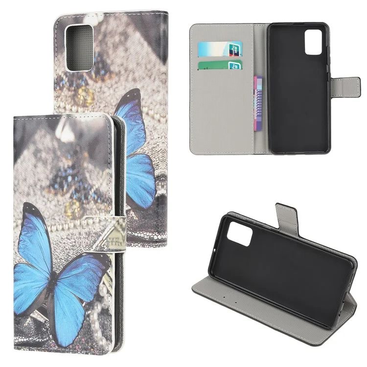 Pattern Printing Protector for Samsung Galaxy A02s (164.2mm) PU Leather Wallet Stand Cover - Blue Butterfly
