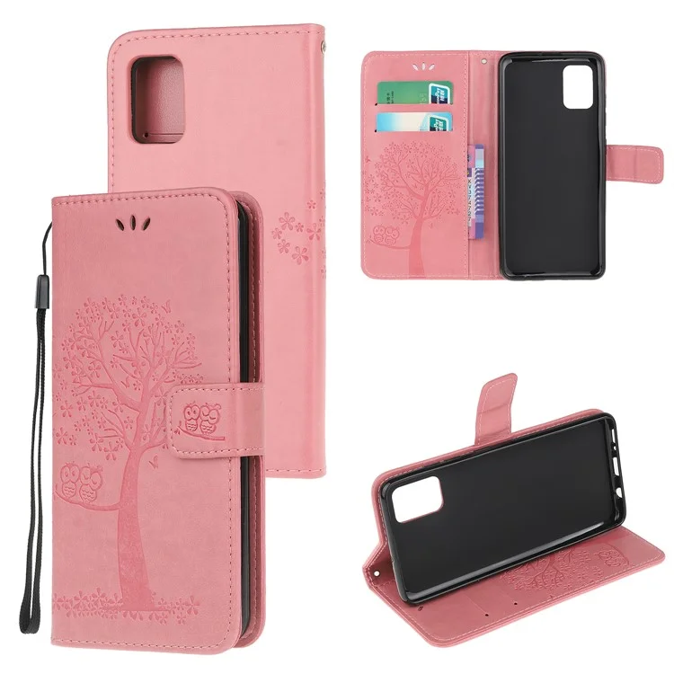 Imprint Tree Owl Pattern Leather Stylish Wallet Case for Samsung Galaxy A02s (164.2mm) - Pink
