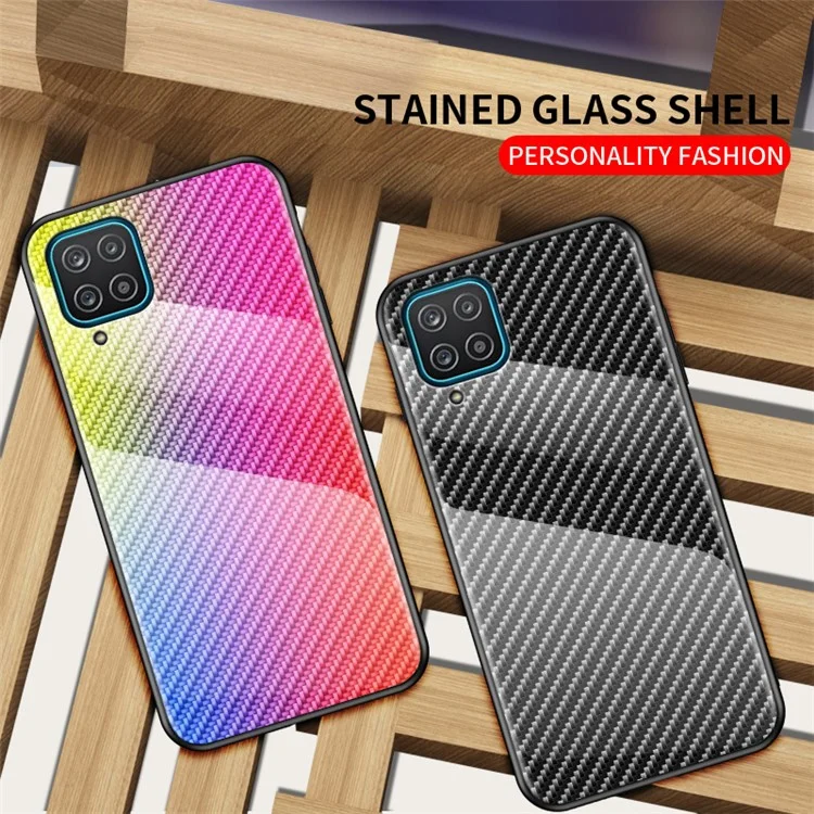 Gehärtetes Glas-Handyhülle mit Kohlefaser-Design für Samsung Galaxy A12 - Schwarze Faser