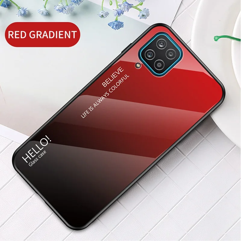 TPU Frame + Tempered Glass Color Gradient Pattern Cell Phone Back Case for Samsung Galaxy A12 - Red/Black