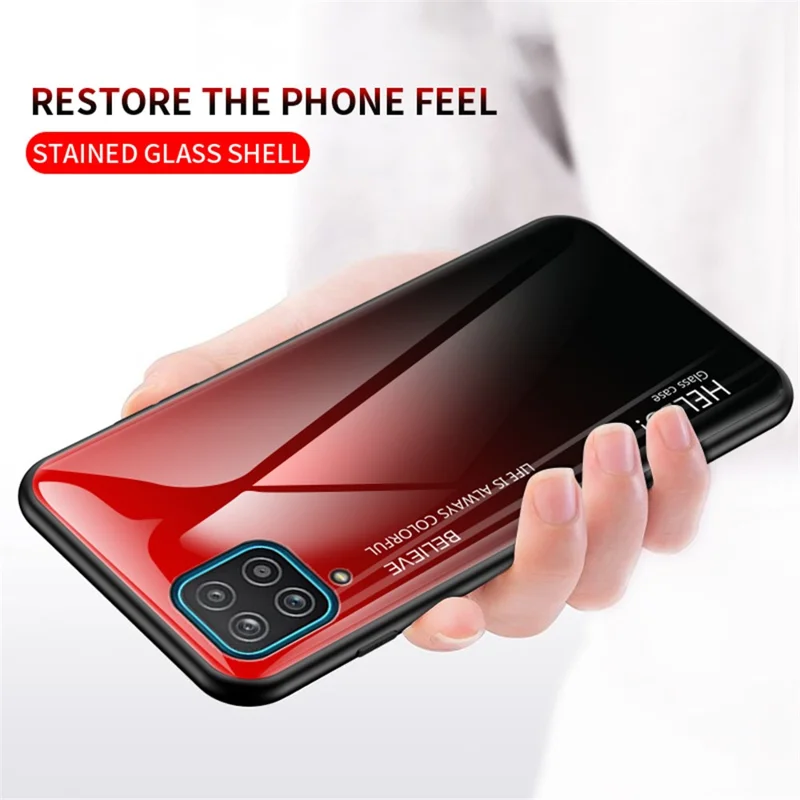 TPU Frame + Tempered Glass Color Gradient Pattern Cell Phone Back Case for Samsung Galaxy A12 - Red/Black