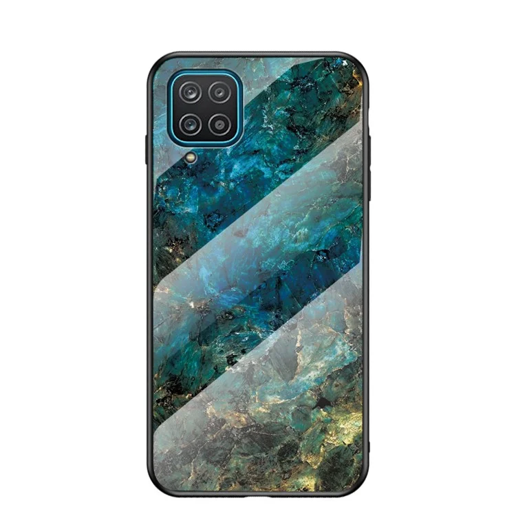 For Samsung Galaxy A12 Tempered Glass + PC + TPU Cell Phone Case Marble Patter Design Scratch Resistant Cover - Emerald Marble