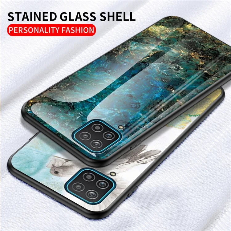 For Samsung Galaxy A12 Tempered Glass + PC + TPU Cell Phone Case Marble Patter Design Scratch Resistant Cover - Emerald Marble