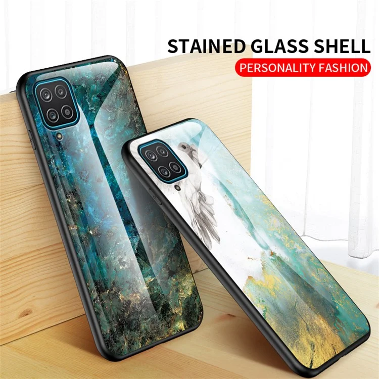 For Samsung Galaxy A12 Tempered Glass + PC + TPU Cell Phone Case Marble Patter Design Scratch Resistant Cover - Emerald Marble