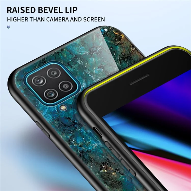 For Samsung Galaxy A12 Tempered Glass + PC + TPU Cell Phone Case Marble Patter Design Scratch Resistant Cover - Emerald Marble